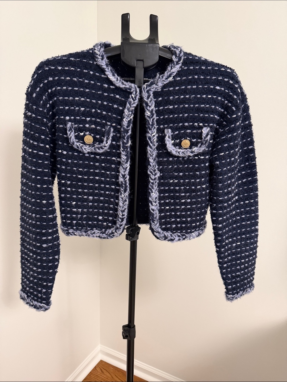 J. Crew Navy and Light Blue Cropped Tweed-Style Jacket